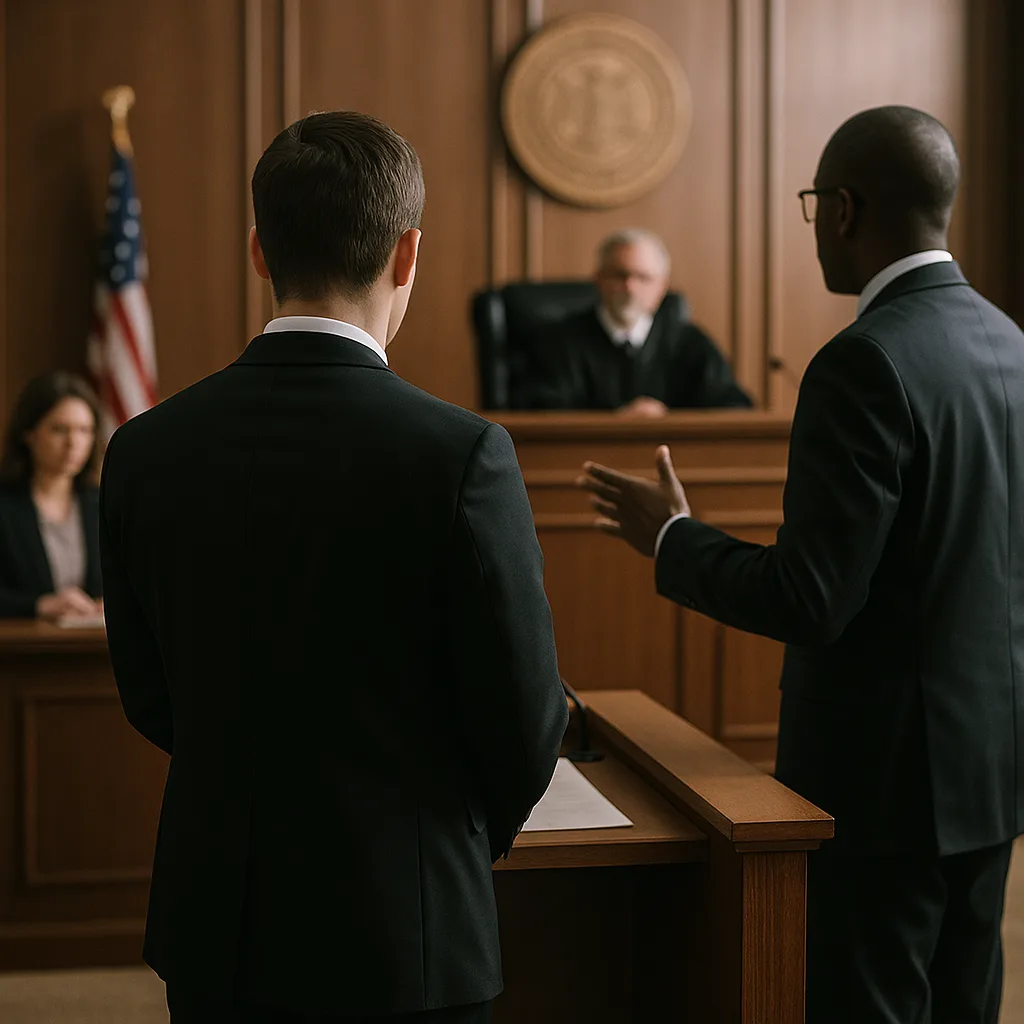 Two lawyers in suits standing before a judge in a formal courtroom with wood paneling and American flag