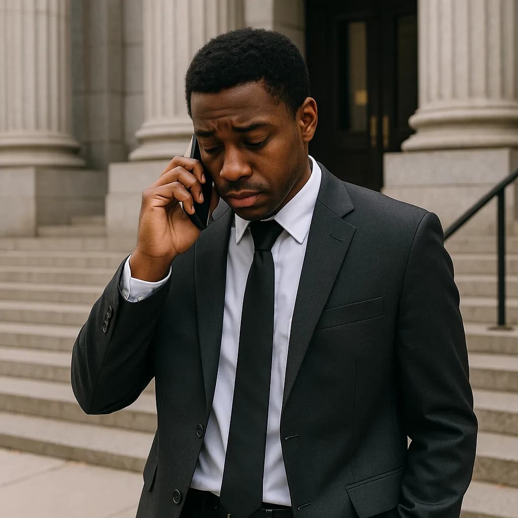 Black businessman in suit talking on phone outside courthouse with classical columns