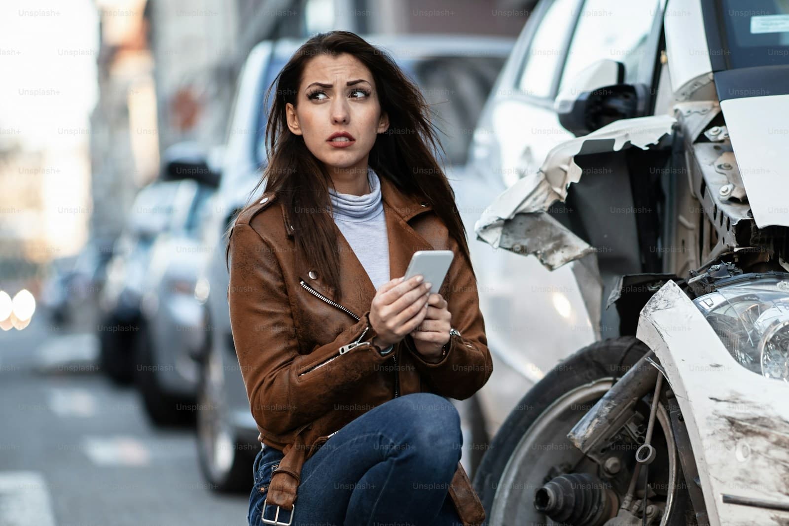 Worried woman with phone crouching next to damaged car on city street
