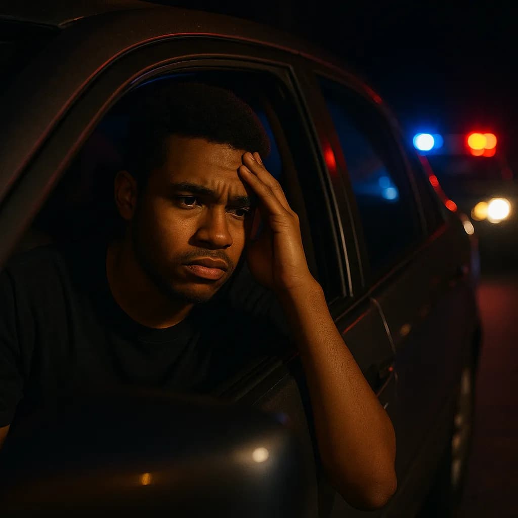 Young man looking stressed in car at night with police lights visible in background