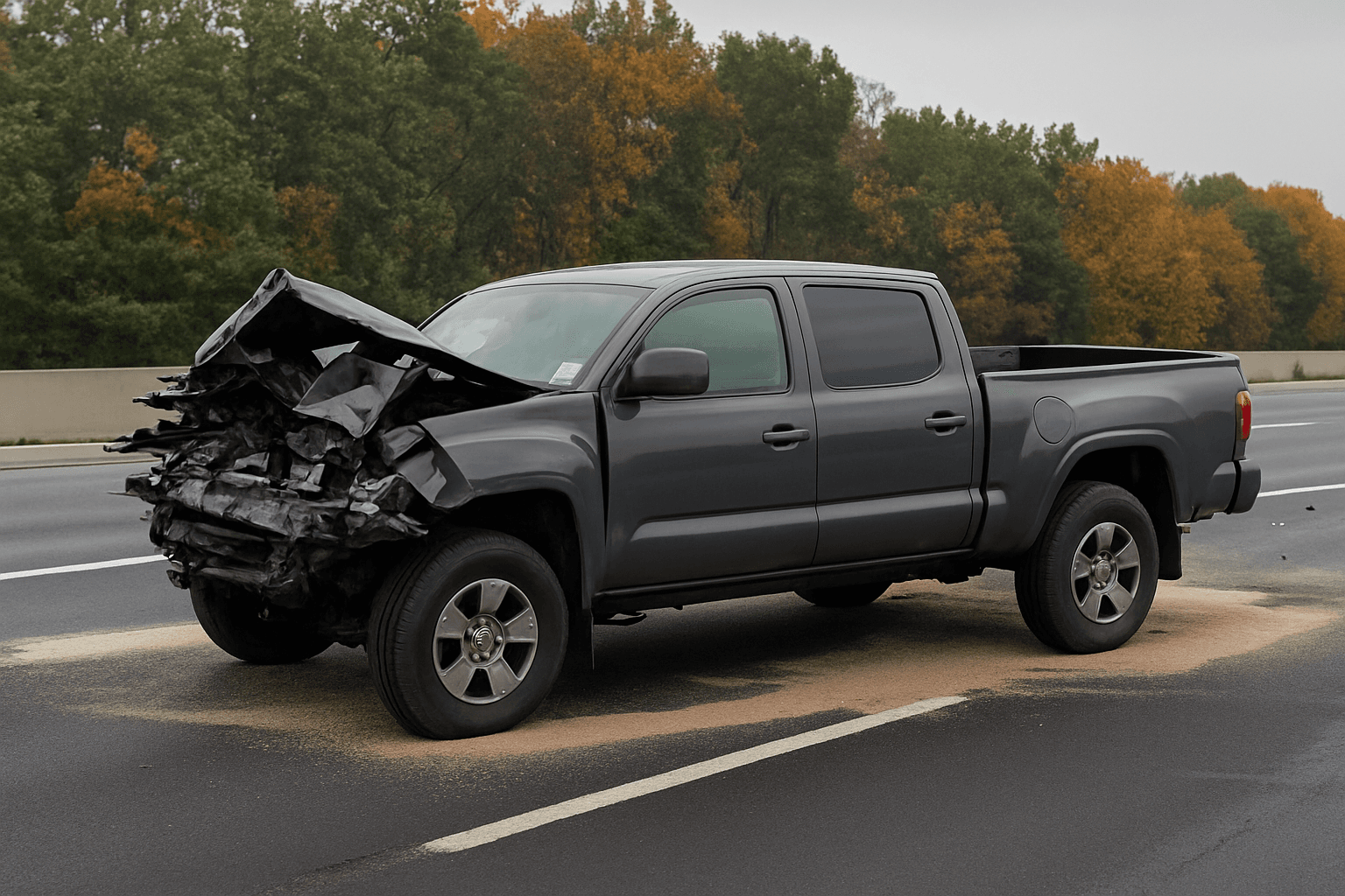 Severely damaged gray pickup truck with destroyed front end on highway after car accident