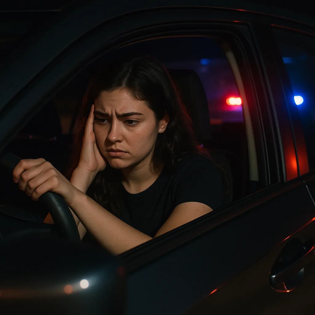 Worried woman in car at night with police lights visible behind her during traffic stop