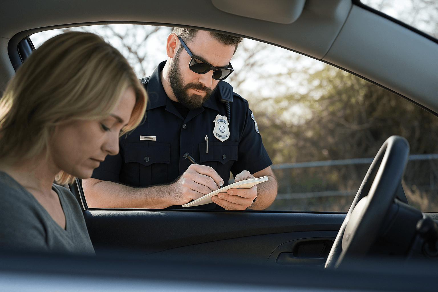 Police officer writing ticket for female driver during traffic stop